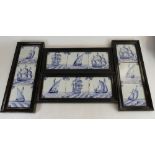 Delft tiles - four framed groups each of three tiles 13cm x 13cm (12)