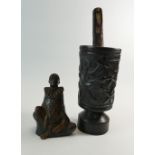 Asian carved wood mortar & pestle and seated resin figure of a Pierette (2).