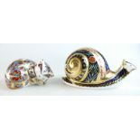 Royal Crown Derby paperweights Garden Snail and Contented Kitten,