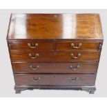 George III large mahogany bureau, five drawer base with fitted and inlaid interior,
