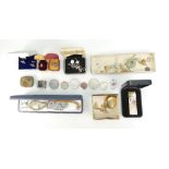 A collection of vintage costume jewellery including silver, lighter, coins,
