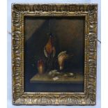 19th century oil painting on board of still life of game in gilt frame, 19.5 x 25cm.