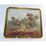A rectangular porcelain plaque hand painted with a couple by a country cottage. 15.