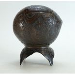 Mexican carved coconut shell on stand, carved with various landscape and birds,