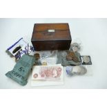 Victorian rosewood box containing a collection of coins and 9 x ten shilling banknotes,