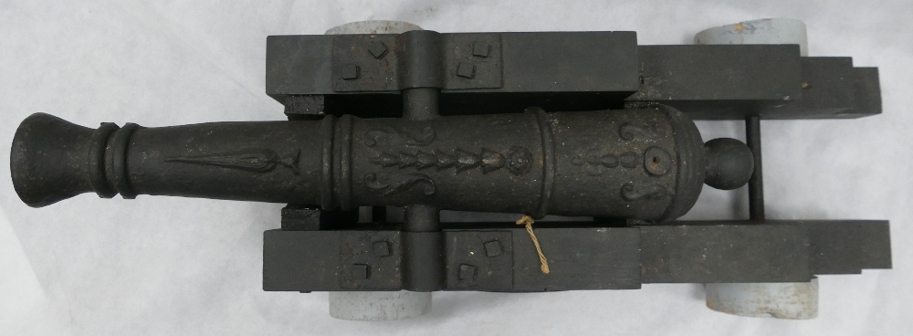 19th century cast iron ornate small cannon with later made wooden trolley, length of cannon 81cm. - Image 5 of 5