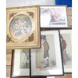 A collection of mixed media framed art pieces to include - turn of the century cartoon images of