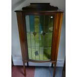 Edwardian inlaid display cabinet with single leaded stain glass door and glazed sides (key to be