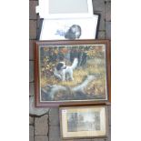 A collection of mixed media art work including oil on canvas, oak framed dog picture,