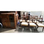 Reproduction mahogany set of six dinning chairs and oak panelled display unit (7)