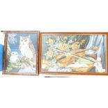 Two framed tapestries with images of owls and violins (2).