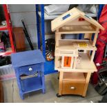 Reproduction painted blue bedside cabinet with modern dolls house on a cabinet (2)