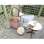 Mixed collection of items including Edwardian bathroom mirror, occasional table,