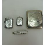 Two silver vesta cases together with a silver plated cigarette case and a mother of pearl handled