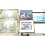 A collection of mixed media artwork to include - oil on canvas gilt framed landscape scenes,