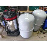 A Max Blast wet and dry 80 litre industrial vacuum and two Reflex 140 litre tank containers