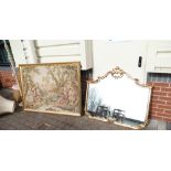 A large French style gilt framed over mantle mirror and gilt framed continental tapestry (2)