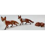 Beswick collection of Foxes comprising large Fox 1475 X2 (both damaged) and Curled 1017 (3)