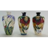 Lot of three Moorcroft vases - one pair of Anna Lily pattern red dot and silver line (one with two