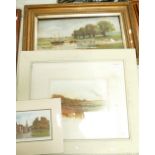 A collection of framed landscape scenes including Norfolk Broads seaside view,