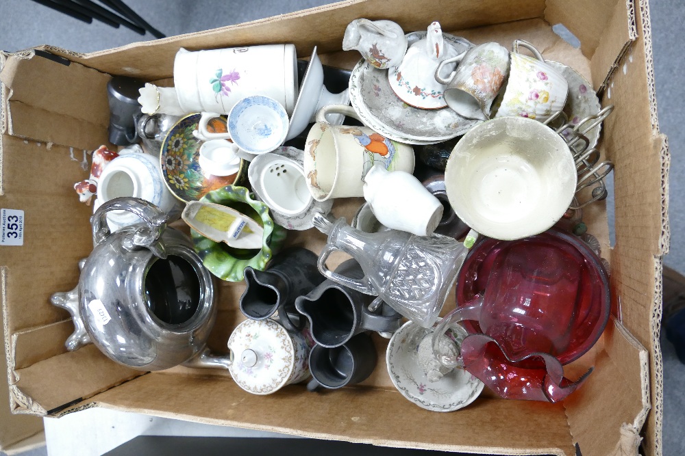 A mixed collection of ceramic items to include metalised teapots,