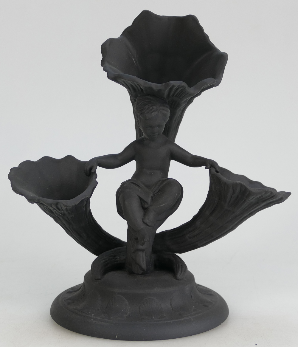 A prestige Wedgwood Black Basalt Cornuco