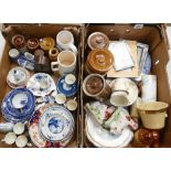 A collection of vintage pottery items including stoneware flasks, plates, tea ware, Delft items,