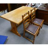 Solid pine refractory dinning table with 2 similar ladder back dining chair (3)
