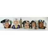 Royal Doulton small character jugs, Long John Silver 6386, falconer 6340, John Doulton 6656,