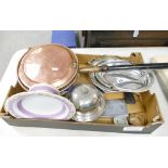 A mixed collection of items to include copper warming pan, various silver plated ware,