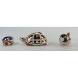 Royal Crown Derby paperweights Tortoise (ceramic stopper), Coal Tit and Millennium Bug,