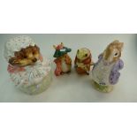 Enesco Beatrix Potter Mr Toad Money box, Mr Rabbit jar and Tiggy Cookie jar.