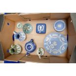 A mixed collection of items to include jasperware Wedgwood 19th century dark blue teapot, jugs,