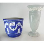 Wedwood dark blue jasperware planter and Wedgwood embossed queens ware grey & white vase,