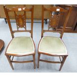 Pair of reproduction Edwardian hall chairs with floral inlaid panels and upholstered seat (2)