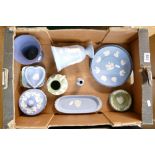 A collection of Wedgwood blue and green jasper ware, consisting of plates, vases, jug etc.