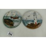 Cobridge Stoneware pair of trial roundels hand painted with Fishing Trawler and Sea Gulls dated