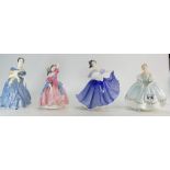 Royal Doulton lady figure First Dance HN2803, ElaineHN 2791, Adrienne HN2304 and Maytime HN2113.