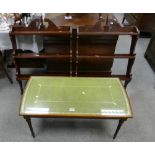 Reproduction coffee table with glassed top green leather panel,