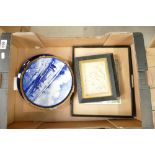 A tray lot including Royal Doulton Flow Blue plate with Dutch scene, Aynsley blue and gilded plate,