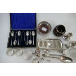 Group of hall marked silver items including 18th century spoon, bull head bottle stop,