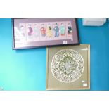 Framed Oriental Silk panel with parrot decoration together with similar oriental framed art work of