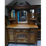 Edwardian carved oak and burr oak triple mirror back sideboard, width 153cm,