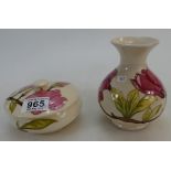 A Walter Moorcroft magnolia flared vase ( height 14cm) together with a magnolia lidde bowl ( 12cm