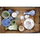 A collection of Wedgwood jasperware including green & blue vases, trinkets,