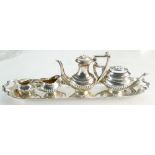 Silver miniature four piece tea set and tray (modern)