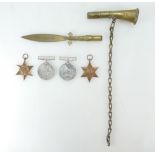 Trench Art WWI improvised gas alarm call in brass, and brass paperknife engraved Passchendale,