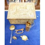 Brass embossed slipper box together with similar brass ornaments