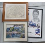A mixed collection of items to include framed watercolour of a lakeside scene,