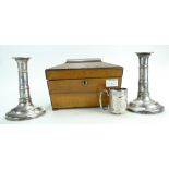 Victorian tea caddy, 19th c silver plated on copper telescopic candlesticks,